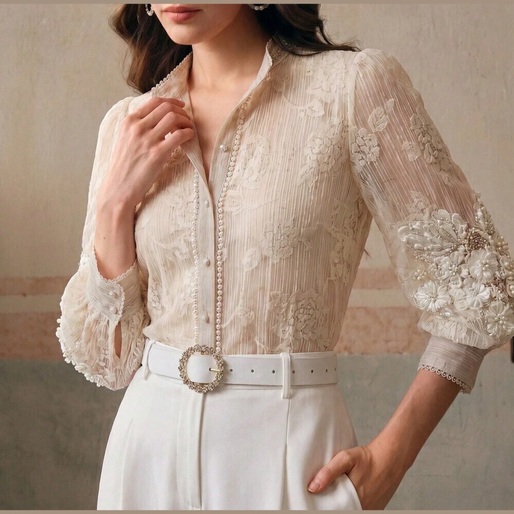 Cream Lace Beaded Floral Applique Bishop Sleeve Stand Collar Sheer Blouse